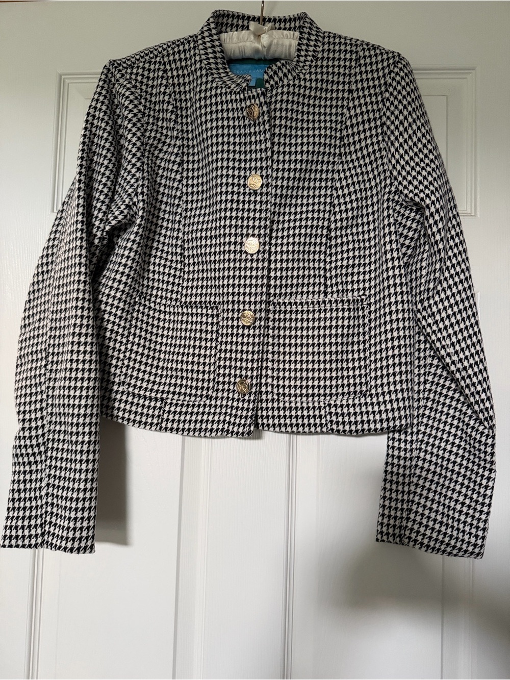Draper James Cropped Houndstooth Button-Front Jacket - Black & White with Gold M